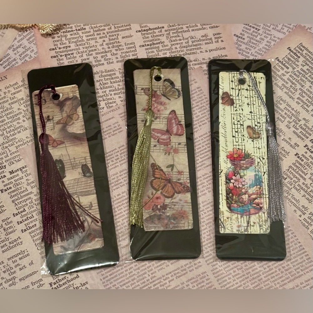 Set of 3 Vintage Wooden Backed Butterfly & Music Collection Bookmarks
